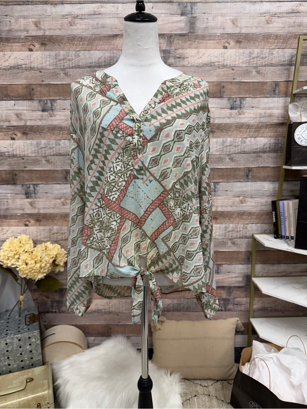 Chicos Green/Peach Tie Front Long Sleeve Blouse 3